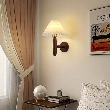 Nordic Wooden Wall Sconce | Retro Bedside Wall Lamp With Pleated Fabric Shade For Bedrooms