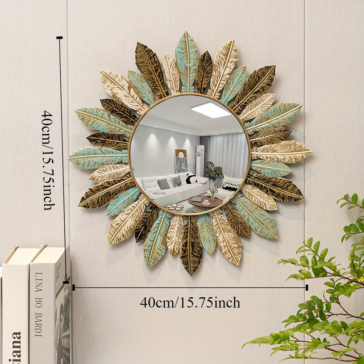 Bohemian Sunburst Metal Wall Mirror | Teal and Gold Leaf Design Decorative Round Wall Mirror