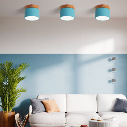 Scandinavian Macaron LED Ceiling Light | Wooden Accent Flush Mount In Seven Soft Macaron Colours