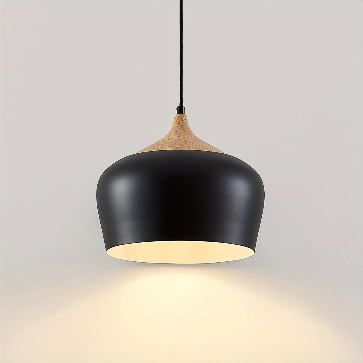 Modern Scandinavian Pendant Light | Iron And Wood Grain Ceiling Lamp In White or Black Finish