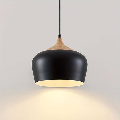Modern Scandinavian Pendant Light | Iron And Wood Grain Ceiling Lamp In White or Black Finish