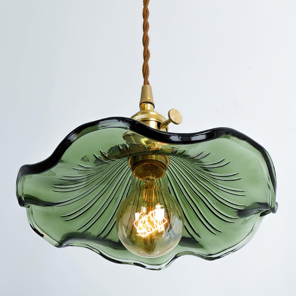 Flower Glass LED Pendant Light | Pressed Glass Flower Shade In Clear, Amber or Olive Green