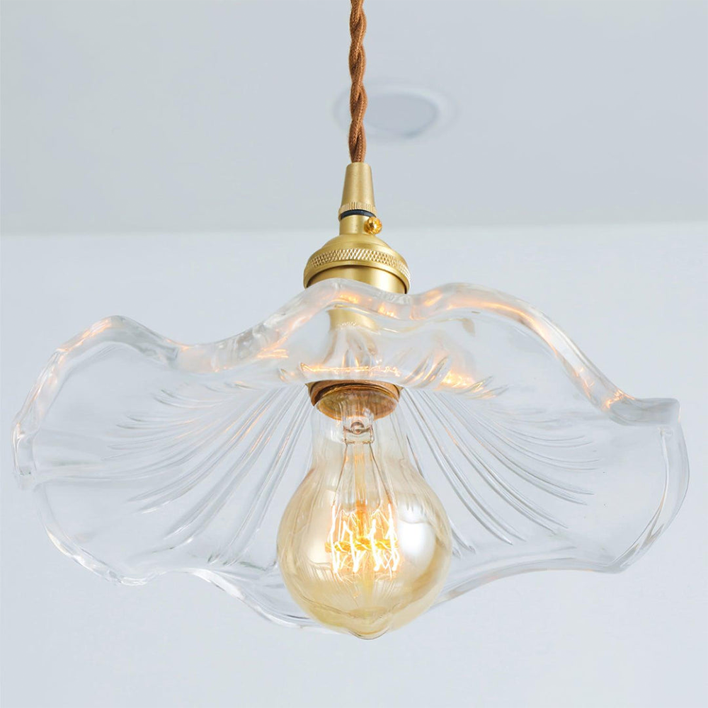 Flower Glass LED Pendant Light | Pressed Glass Flower Shade In Clear, Amber or Olive Green
