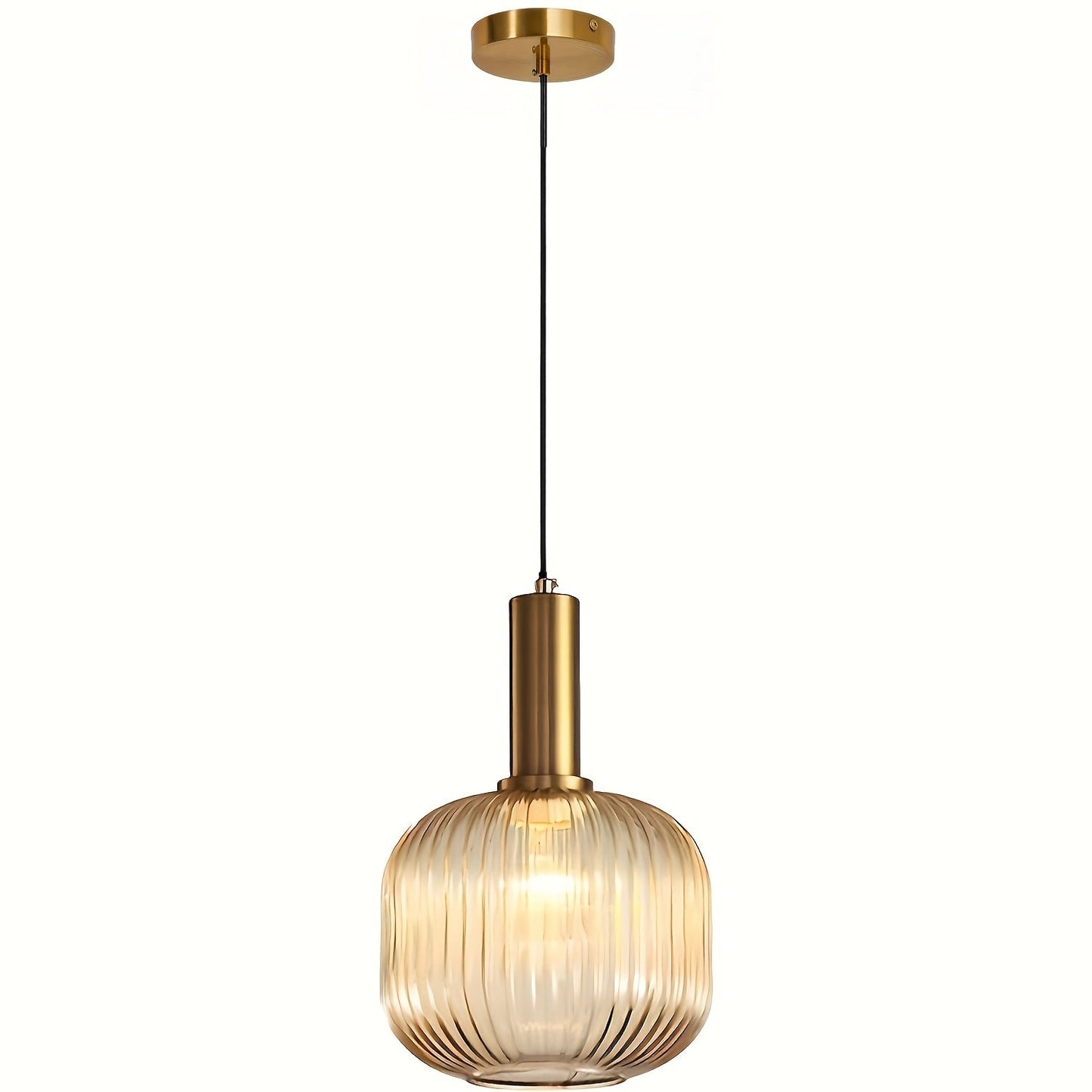 Modern Striped Glass Pendant Light | Brass and Ribbed Glass Shade Ceiling Lamp For Kitchens