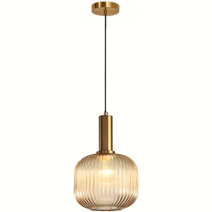 Modern Striped Glass Pendant Light | Brass and Ribbed Glass Shade Ceiling Lamp For Kitchens