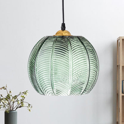 Pumpkin Ribbed Glass Pendant Lamp | Retro Green Hanging Light With A Golden Metal Accent Detail