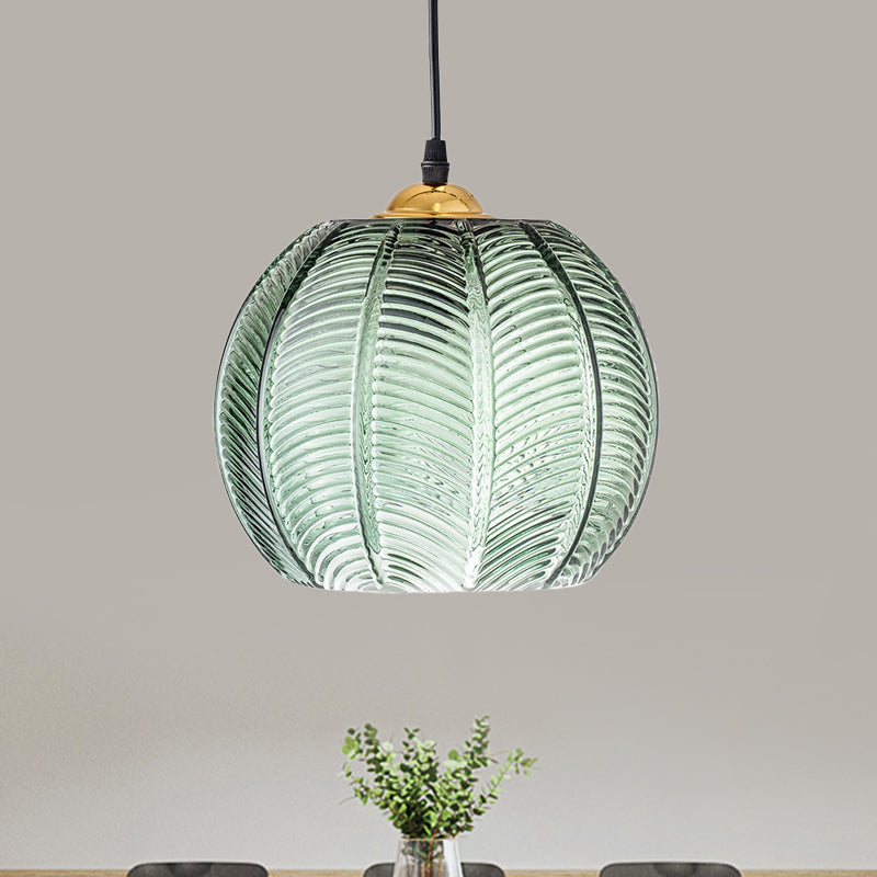 Pumpkin Ribbed Glass Pendant Lamp | Retro Green Hanging Light With A Golden Metal Accent Detail