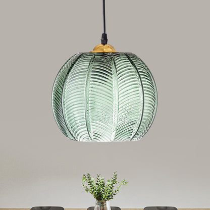 Pumpkin Ribbed Glass Pendant Lamp | Retro Green Hanging Light With A Golden Metal Accent Detail