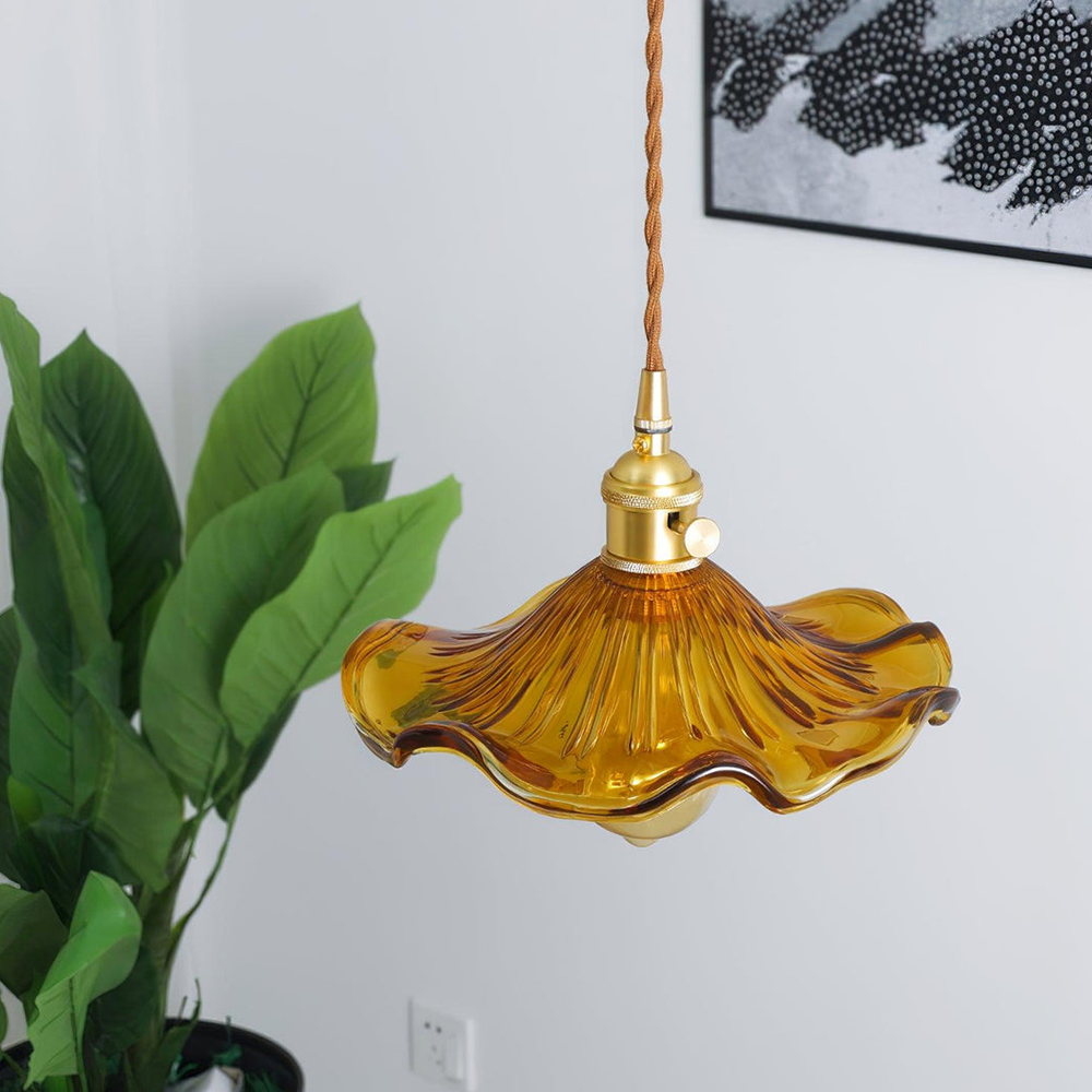 Flower Glass LED Pendant Light | Pressed Glass Flower Shade In Clear, Amber or Olive Green