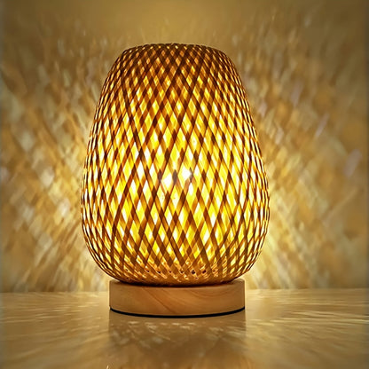Handmade Bamboo Woven Bedside Lamp | Dimmable USB Table Light With A Natural Solid Wooden Base