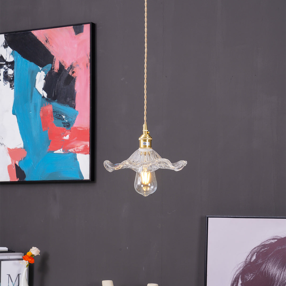 Flower Glass LED Pendant Light | Pressed Glass Flower Shade In Clear, Amber or Olive Green