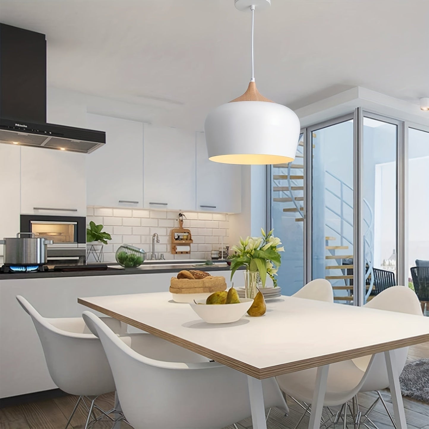 Modern Scandinavian Pendant Light | Iron And Wood Grain Ceiling Lamp In White or Black Finish