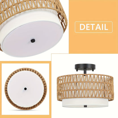 Boho Rattan Ceiling Light | Semi Flush Mount With A Woven Outer Shade and Linen Inner Diffuser