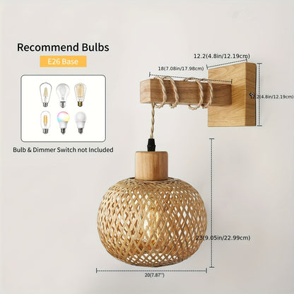 Rustic Wooden Wall Sconce | Handwoven Rattan And Wood Light Fixture For Hallways and Bedrooms