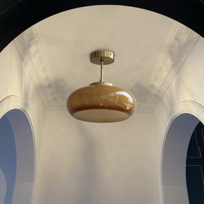 Vintage Brass Yellow Glass Ceiling Light | Semi Flush Mount In Two Warm Toned Metal Finishes