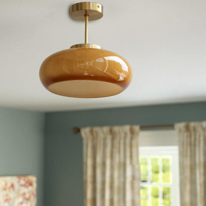 Vintage Brass Yellow Glass Ceiling Light | Semi Flush Mount In Two Warm Toned Metal Finishes