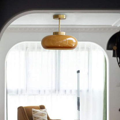 Vintage Brass Yellow Glass Ceiling Light | Semi Flush Mount In Two Warm Toned Metal Finishes