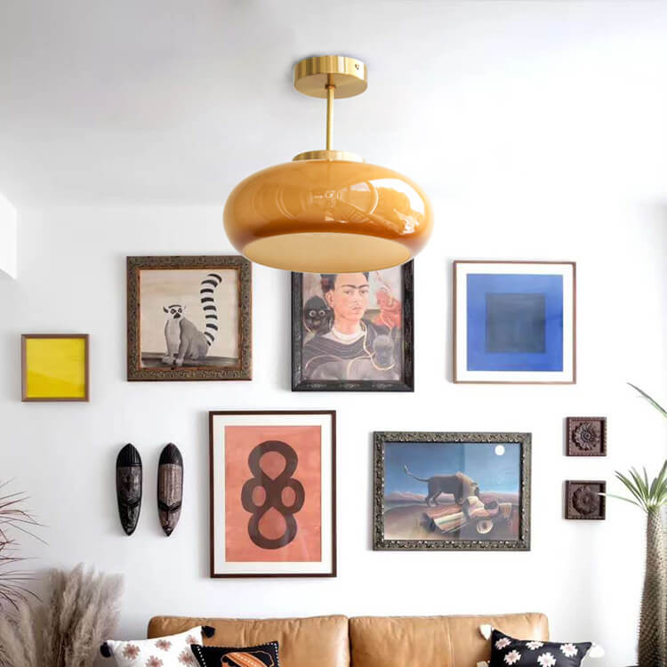 Vintage Brass Yellow Glass Ceiling Light | Semi Flush Mount In Two Warm Toned Metal Finishes