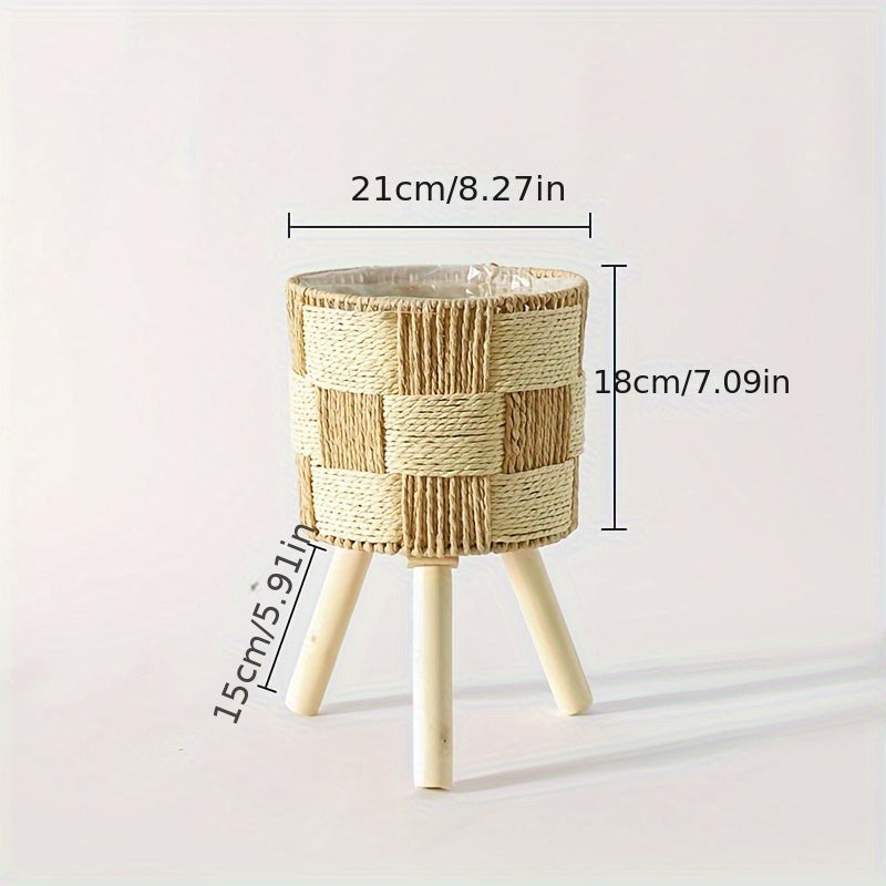 Bohemian Bamboo Woven Flower Stand | Handcrafted Rattan Planter Basket With Solid Wooden Legs