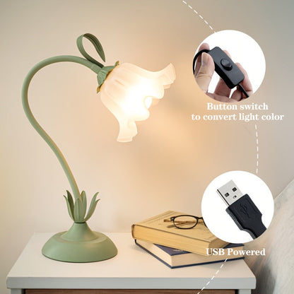 Floral Table Lamp | USB Powered Sculptural Bloom Shade Accent Light In A Green Acrylic Shade