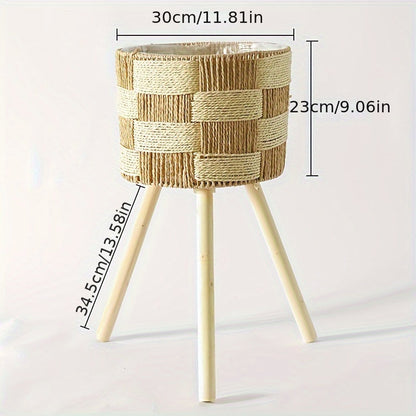 Bohemian Bamboo Woven Flower Stand | Handcrafted Rattan Planter Basket With Solid Wooden Legs