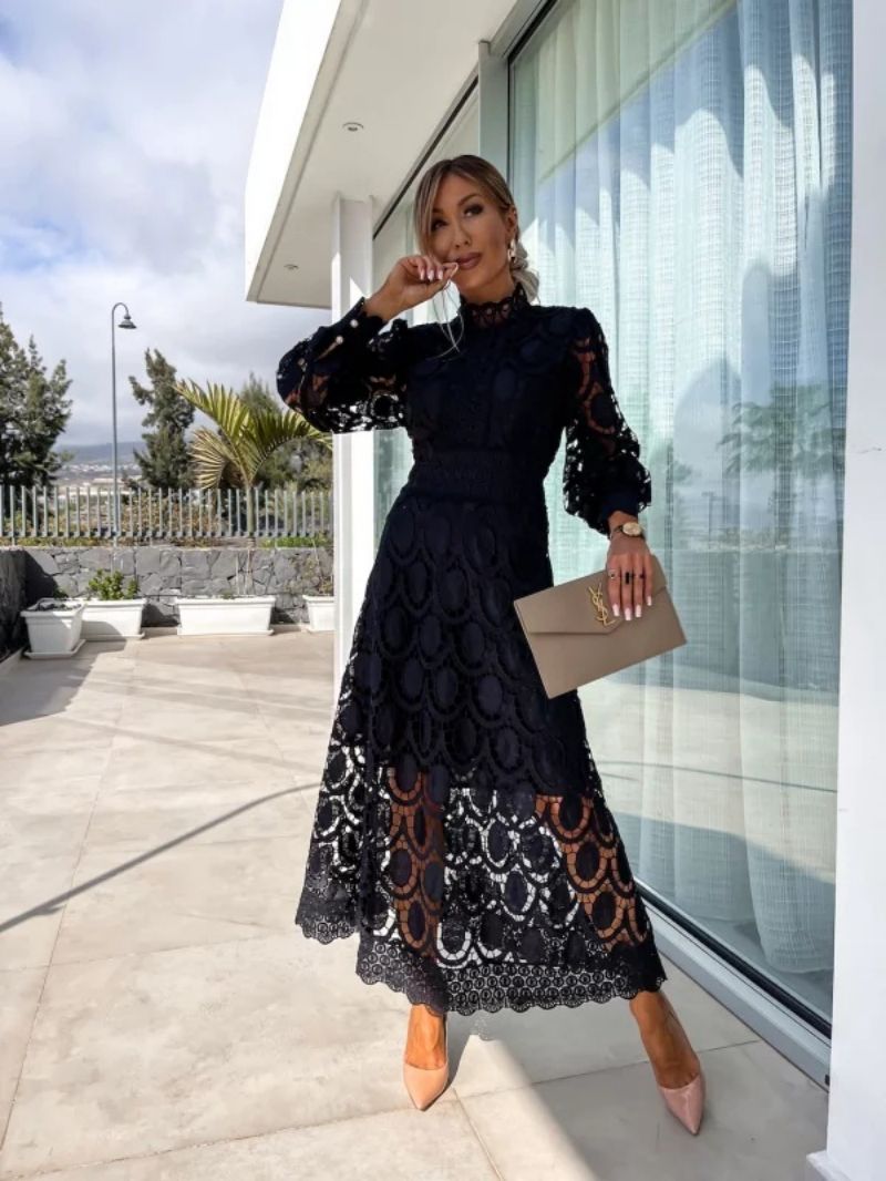 Ivory Lace High-Neck Puff Sleeve Summer Dress