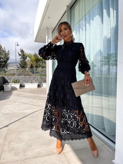 Ivory Lace High-Neck Puff Sleeve Summer Dress