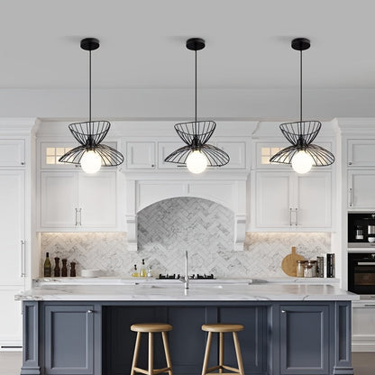 Retro Black Pendant Light | Adjustable Industrial Open Wire Petal Cage Shade In Matte Black