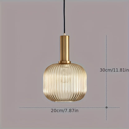 Modern Striped Glass Pendant Light | Brass and Ribbed Glass Shade Ceiling Lamp For Kitchens