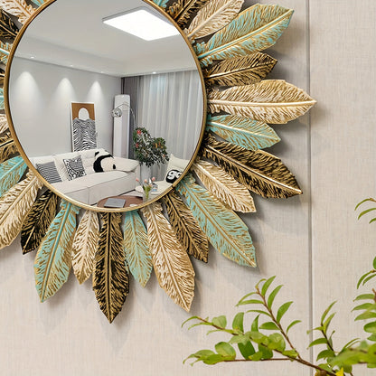Bohemian Sunburst Metal Wall Mirror | Teal and Gold Leaf Design Decorative Round Wall Mirror