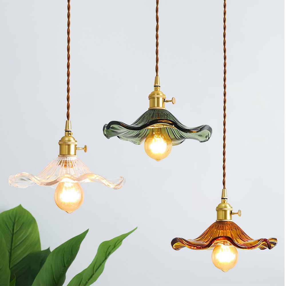 Flower Glass LED Pendant Light | Pressed Glass Flower Shade In Clear, Amber or Olive Green