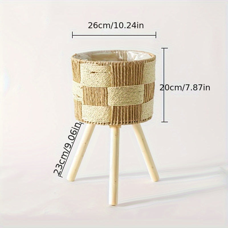 Bohemian Bamboo Woven Flower Stand | Handcrafted Rattan Planter Basket With Solid Wooden Legs
