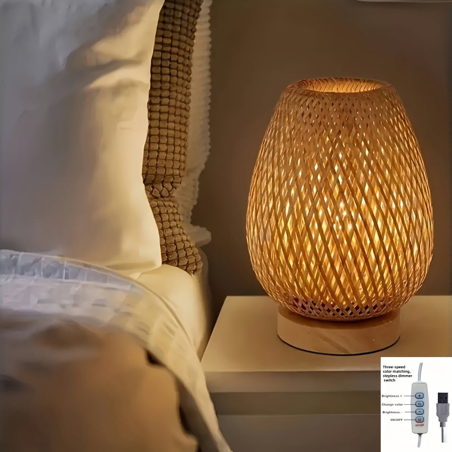 Handmade Bamboo Woven Bedside Lamp | Dimmable USB Table Light With A Natural Solid Wooden Base