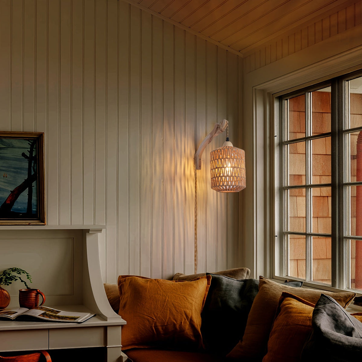 Boho Wood And Rattan Wall Lamp | Hand Woven Plug In Sconce For Bedsides and Reading Corners