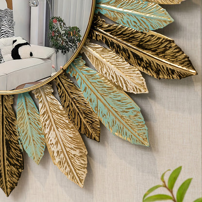 Bohemian Sunburst Metal Wall Mirror | Teal and Gold Leaf Design Decorative Round Wall Mirror