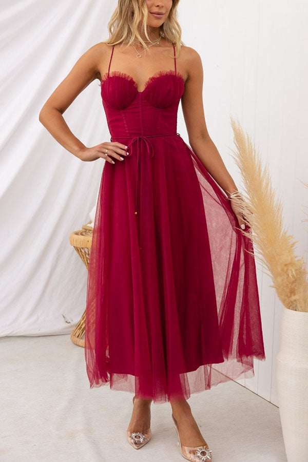 Corset Midi Dress with Tulle Skirt and Spaghetti Straps