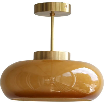 Vintage Brass Yellow Glass Ceiling Light | Semi Flush Mount In Two Warm Toned Metal Finishes