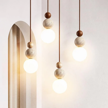 Travera Pendant Light | Travertine, Wood And Glass Hanging Lamp In Natural Wood or Walnut Timber