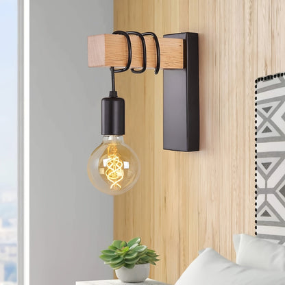 Modern Industrial Wall Sconce | Metal and Wood E27 Exposed Bulb Wall Light In Black or White