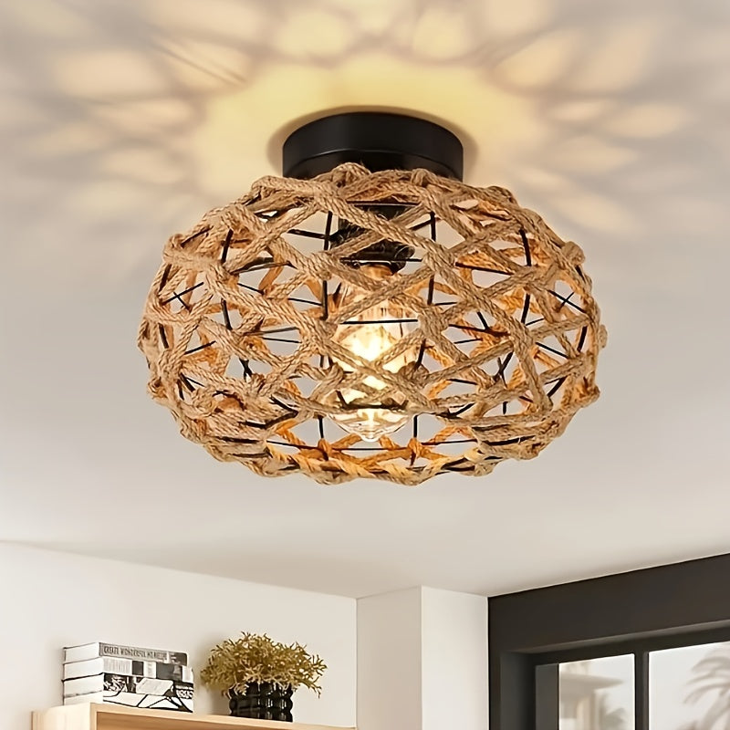 Bohemian Hemp Rope Ceiling Light | Handwoven Rustic Flush Mount In Iron and Natural Hemp Rope