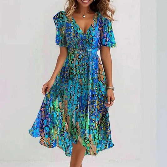 Floral Chiffon V-Neck Flutter Sleeve Midi Dress