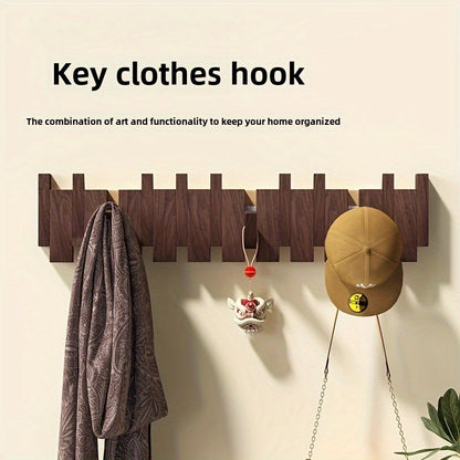 Wooden Wall Hooks | Foldable Piano Key Design Coat Hanger Rack With Six Fold Down Wall Pegs