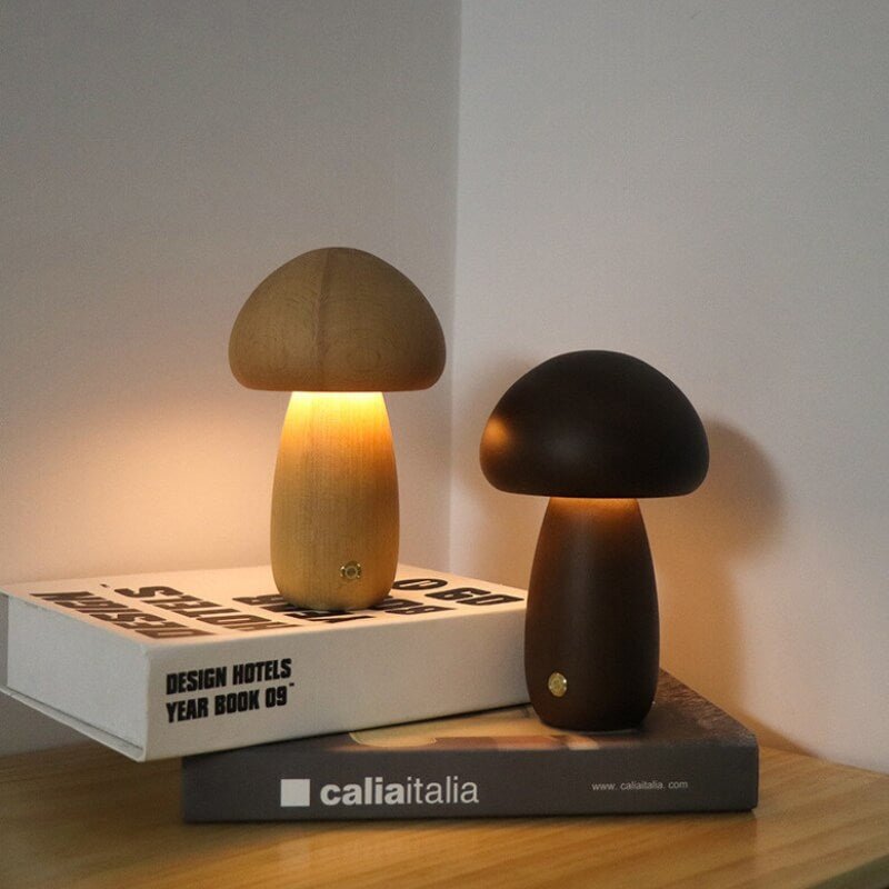Bolette Mushroom Lamp | Natural Wood Rechargeable Night Light In Two Sizes and Two Timbers