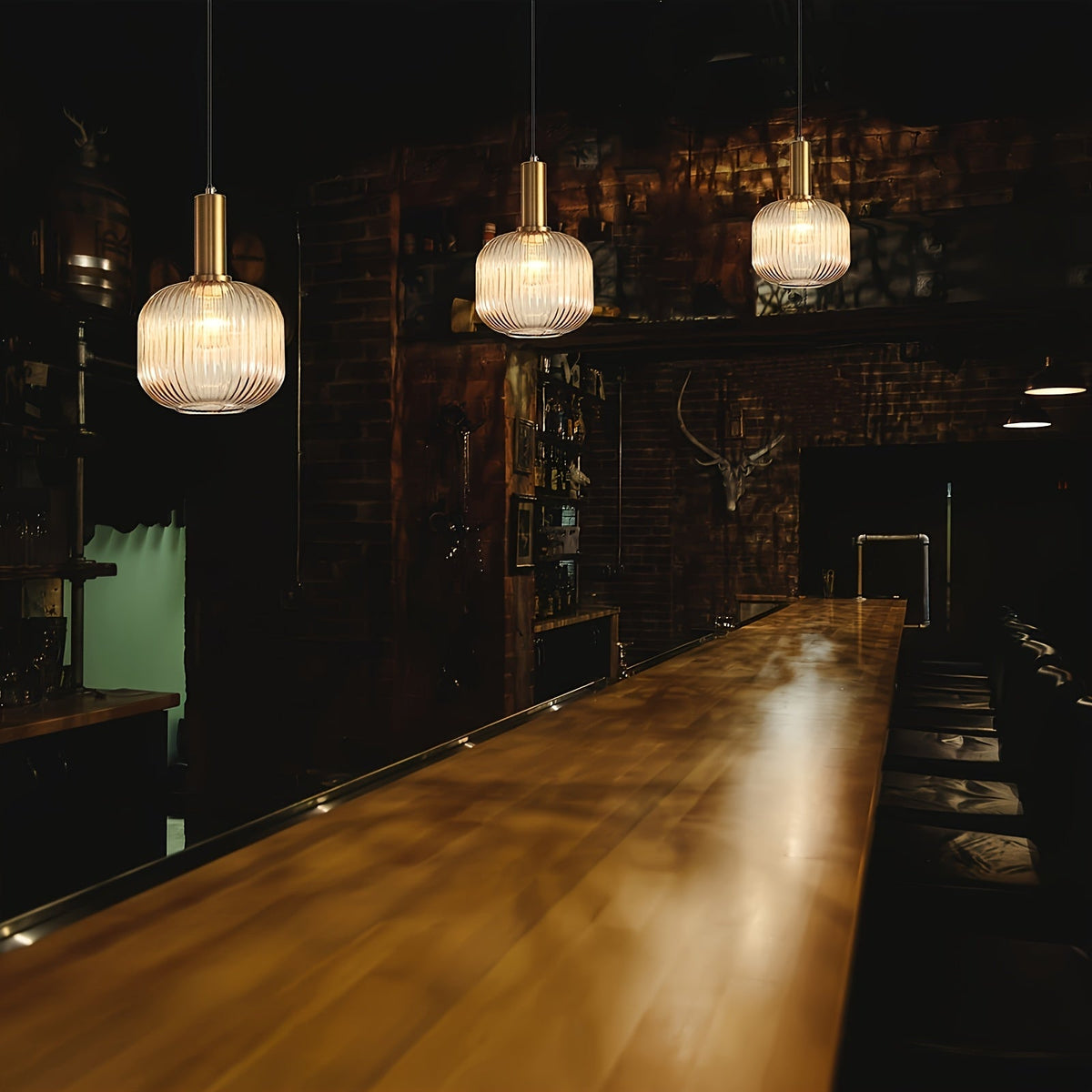 Modern Striped Glass Pendant Light | Brass and Ribbed Glass Shade Ceiling Lamp For Kitchens
