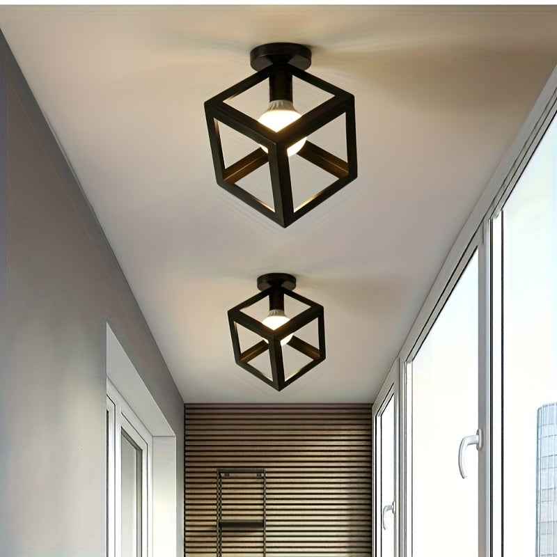 Geometric Cube Ceiling Light | Modern Industrial Open Metal Frame Semi Flush Mount Fixture