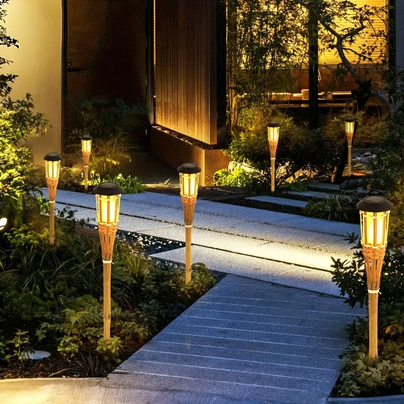 Solar Bamboo Flame Lights 2 Pack | 12 LED Outdoor Solar Garden Lanterns For Paths and Patios