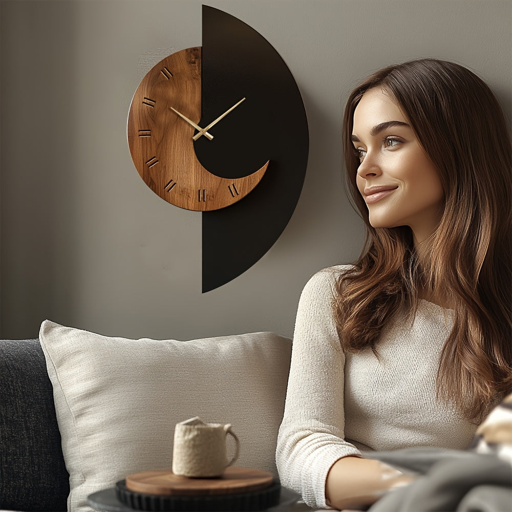 Modern Half Moon Wooden Wall Clock | Silent Battery Operated Timber Clock In Three Face Sizes