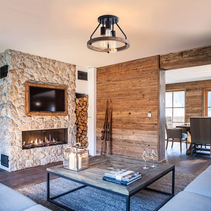 Industrial Wood Ring Ceiling Light | Three Light Semi Flush Mount In Black Metal and Timber