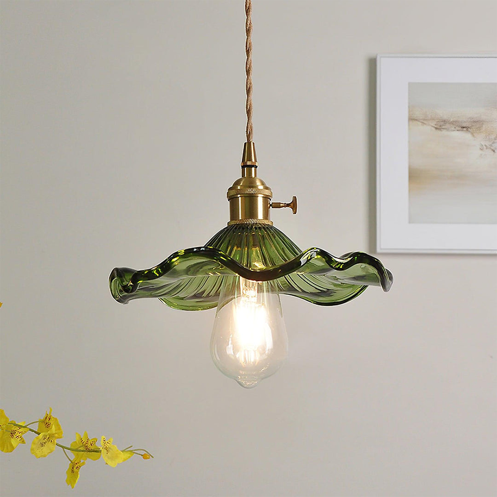 Flower Glass LED Pendant Light | Pressed Glass Flower Shade In Clear, Amber or Olive Green