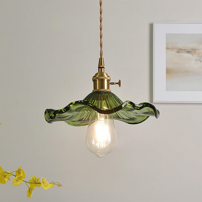 Flower Glass LED Pendant Light | Pressed Glass Flower Shade In Clear, Amber or Olive Green